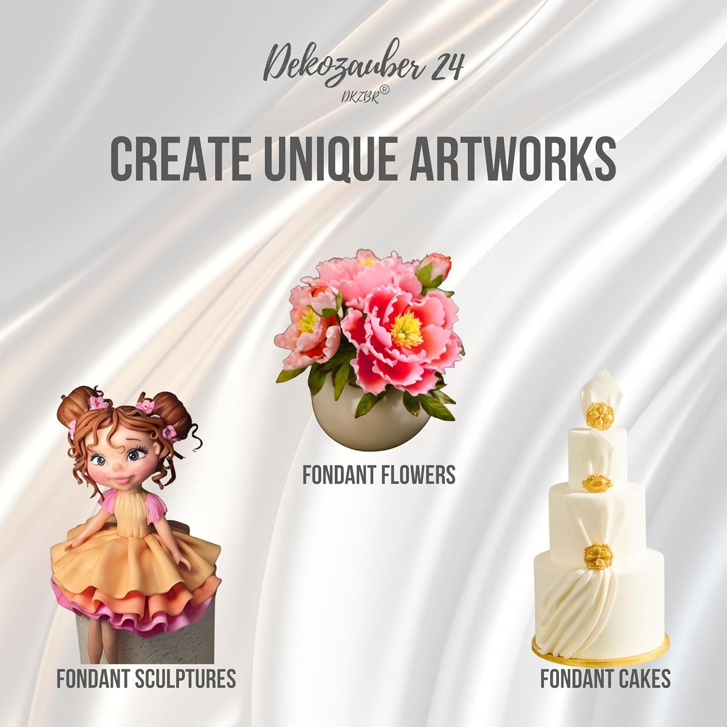 Dekozauber24 Fondant icing multipack, 5 colors, 3.5oz (100g) rolled fondant per color, for cakes, cupcakes and figurines in white, black, cream, silver and golden caramel (Basics)