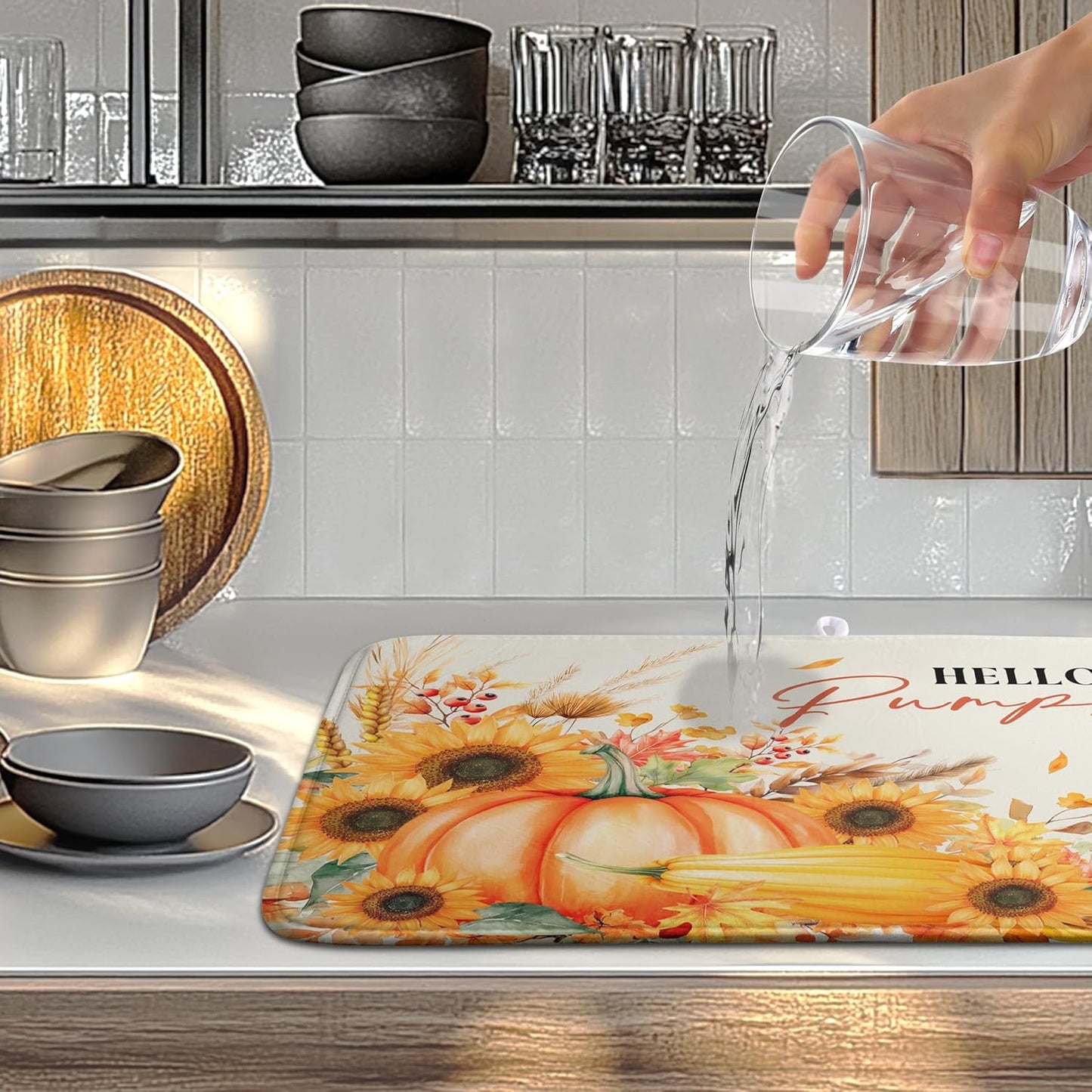 Fall Pumpkin Dish Drying Mat Autumn Maple Leaves Harvest Large Kitchen Mats Dish Drying Pad Absorbent Dish Dryer Mat for Kitchen Countertops Microfiber Drainer Pad Dish Drying Mats (18x24 in)