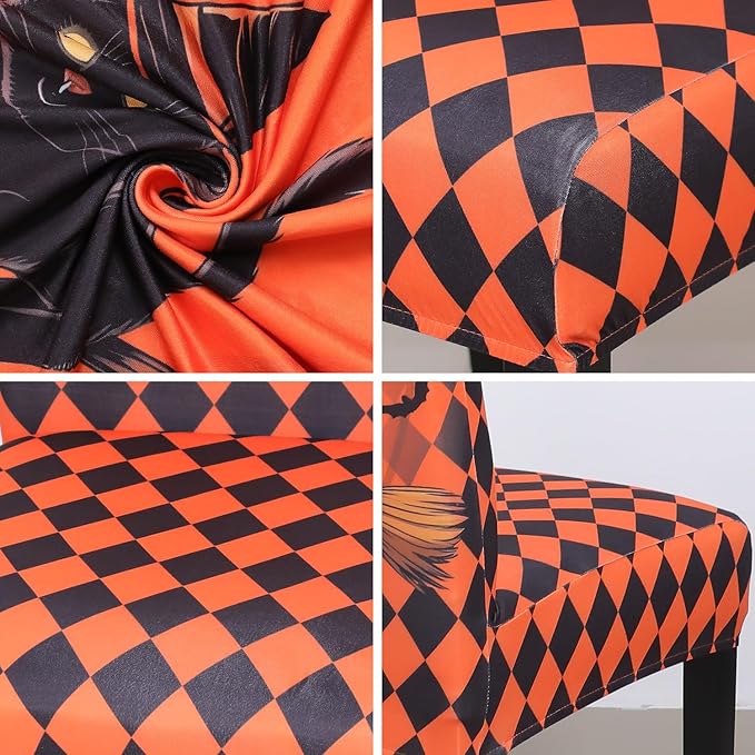 JQinHome Orange Halloween Chair Slipcover,Cat Chair Covers Set of 4, High Stretch Washable Chair Protector Cover for Dining Room, Kitchen,Home Party,Wedding Ceremony(Cat Orange,4PC)