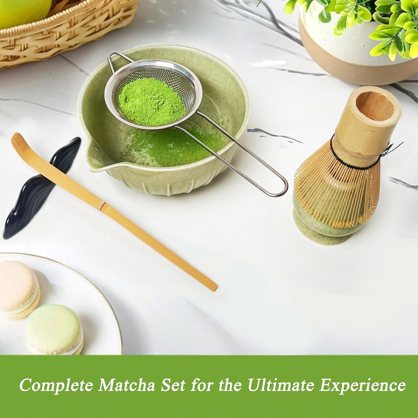 Matcha Whisk Set (7pcs) - Matcha Set with Whisk,Pouring Spout Bowl(15oz),Chasen Holder,Powder Sifter,Bamboo Scoop with Stand,Tea Cloth,Perfect Tools Kit for Tea Ceremony(Celadon Green)