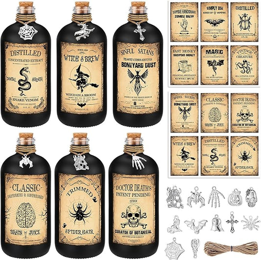 Uiifan 31 Pcs Halloween Potion Bottles Set Including Glass Apothecary Bottles with Cork Stickers and Pendants Halloween Decorations Indoor Party Supplies (Black,8.5 oz)