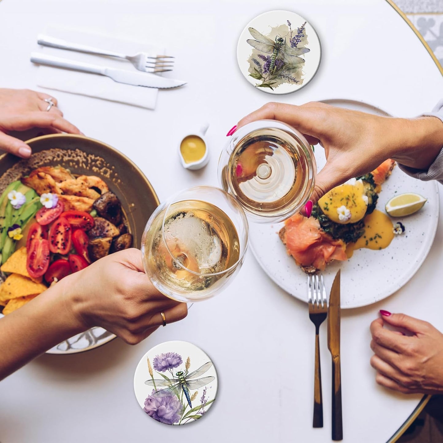 Coaster for Drinks Set of 6, Dragonfly Flower Absorbing Round Ceramic Stone Coaster with Cork Base,Tabletop Protection Mat for Mugs and Cups,Coffee Table Wine Glass Home Bar 4 Inch