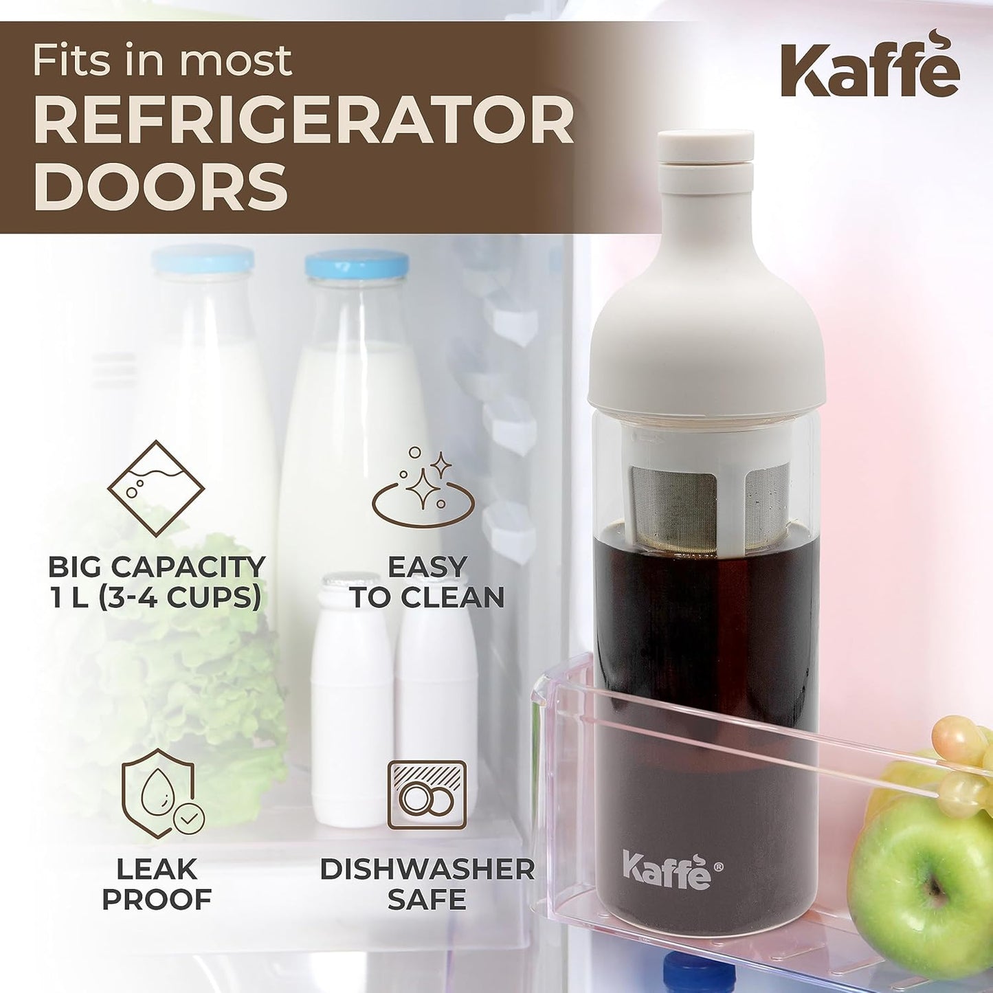 Kaffe Cold Brew Coffee Maker (38oz / 1L) - Borosilicate Glass, Airtight Seal & Dishwasher Safe - Iced Coffee Maker Bottle - Removable Mesh Filter - Up to 6 Cups of Cold Brew Coffee