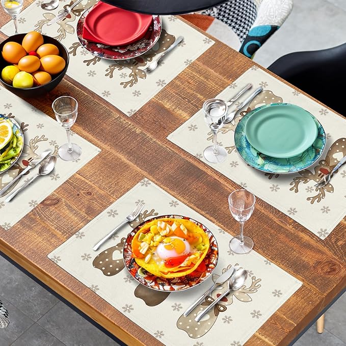 Christmas Reindeer Snowflakes Placemats Set of 4 Xmas Cute Elk Deer Place Mats 12x18 Seasonal Winter Holiday Farmhouse Linen Table Mats for Party Kitchen Dining Outdoor Indoor Decor