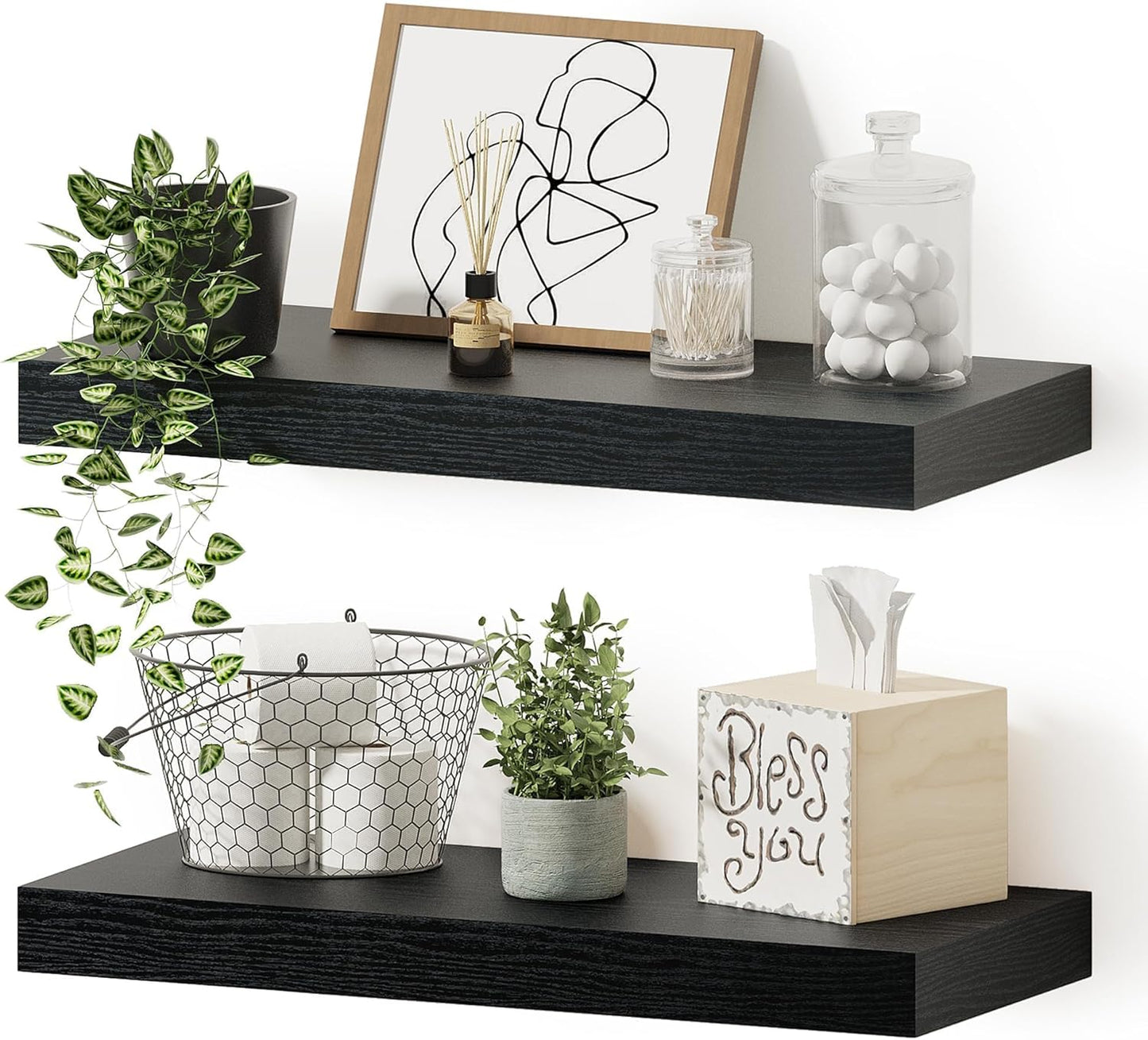 Vivelove Black Floating Shelves for Wall, 16 inchs x 6.7” deep x 1.4” Wall Shelf for Bathroom Bedroom, Living Room, Kitchen, Office Home Decor, Narrow Wood Shelves with Invisible Brackets Set of 2