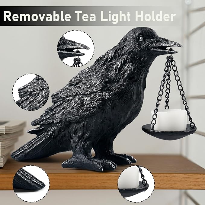 Raven Gothic Home Decor Fake Crow Light Holder Raven Lamp Tealight Candle Holder Resin Raven Statue Wearing Silver 2PCS