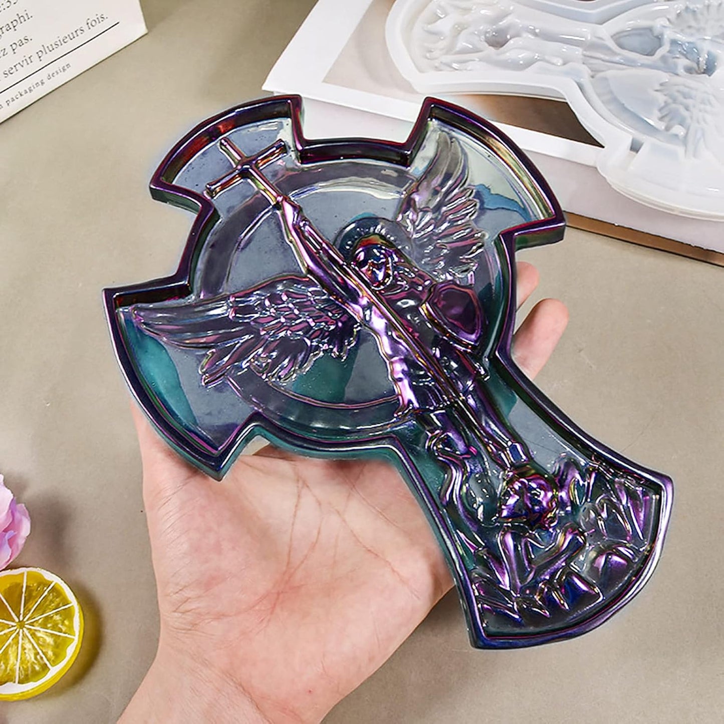 Wehous 2PCS Large Cross Resin Molds, 3D Silicone Resin Molds for Epoxy Casting, Cool Rose Cross Mold Angle Cross Tray Mold for Resin Clay Art Crafts Storage Wall Hanging Decor