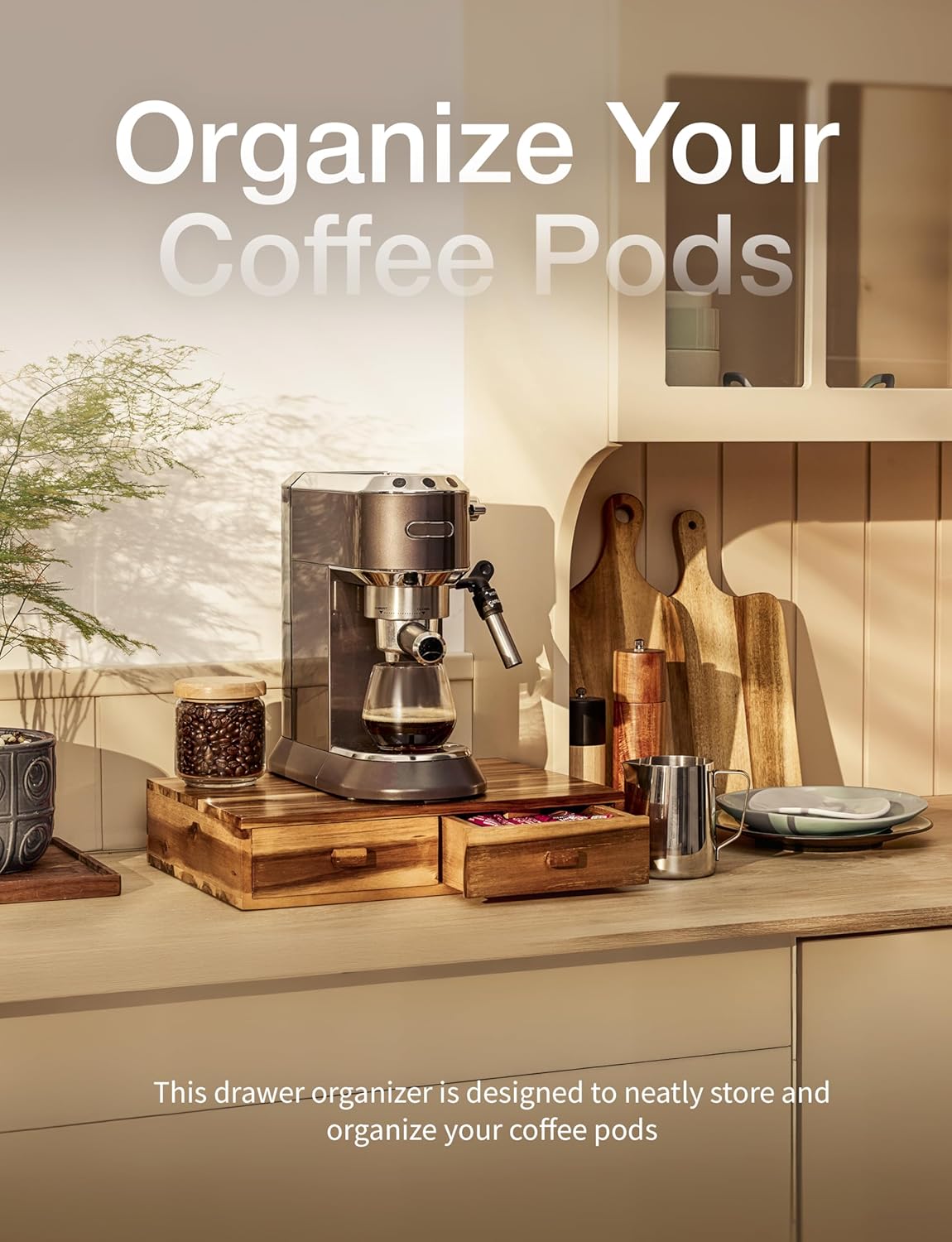 Tinamo Acacia Wood Coffee Pod Storage Box, Coffee Pods and Tea Organizer Holder, K Pod Drawer Coffee Maker Machine Stand, for K-Cup Drawer Organizer Under Brewer (Acacia, 2 drawer)