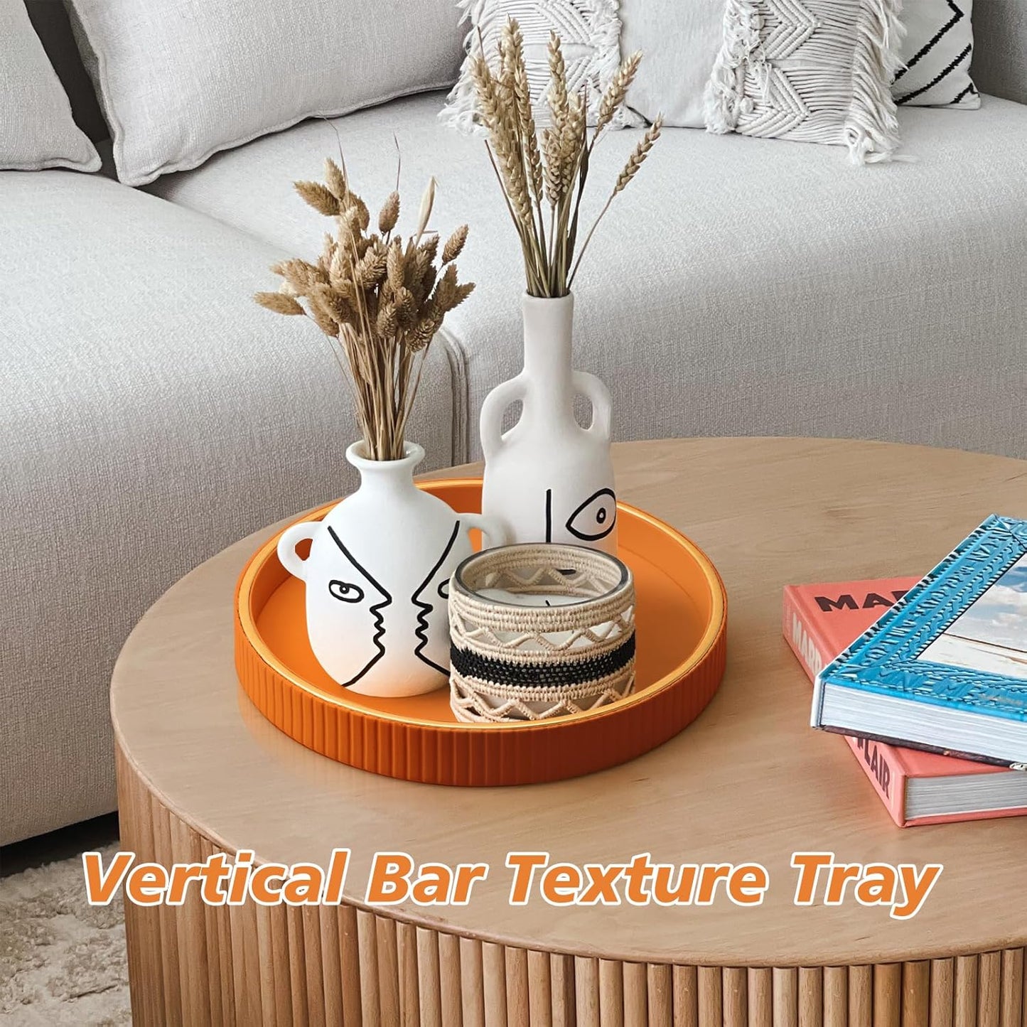 SANZIE Leather Tray Desktop Storage Organizer - Premium Serving & Decorative Tray for Sundries, Cosmetics, Phone, Wallet & Cutlery - Circle, Orange