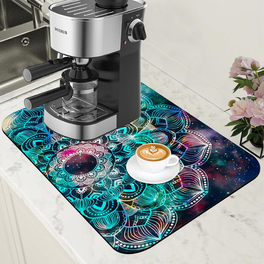 Abstract Mandala Galaxy Star Dish Drying Mat for Kitchen Counter Coffee Bar Mat Hide Stain Absorbent Rubber Backed Coffee Maker Espresso Machine Accessories 11.8 x 19.7 Inch