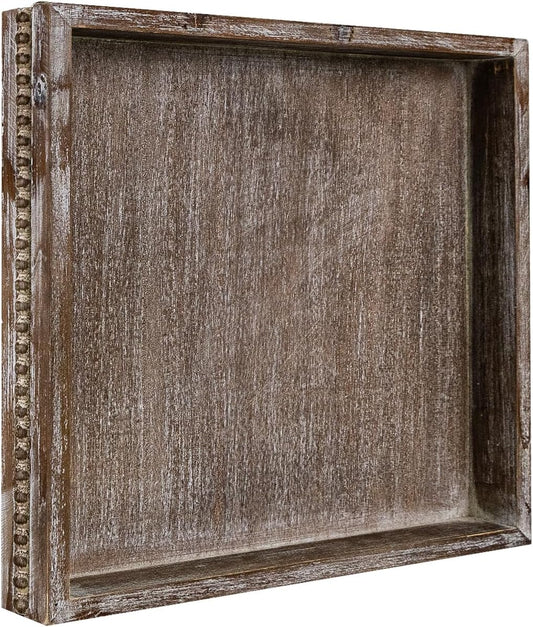 MAONAME Wood Serving Tray, Farmhouse Wooden Tray for Coffee Table, Rustic Square Trays with Beads, Vintage Brown Decorative Trays for Living Room, Kitchen, 12" X 12" X 1.6"