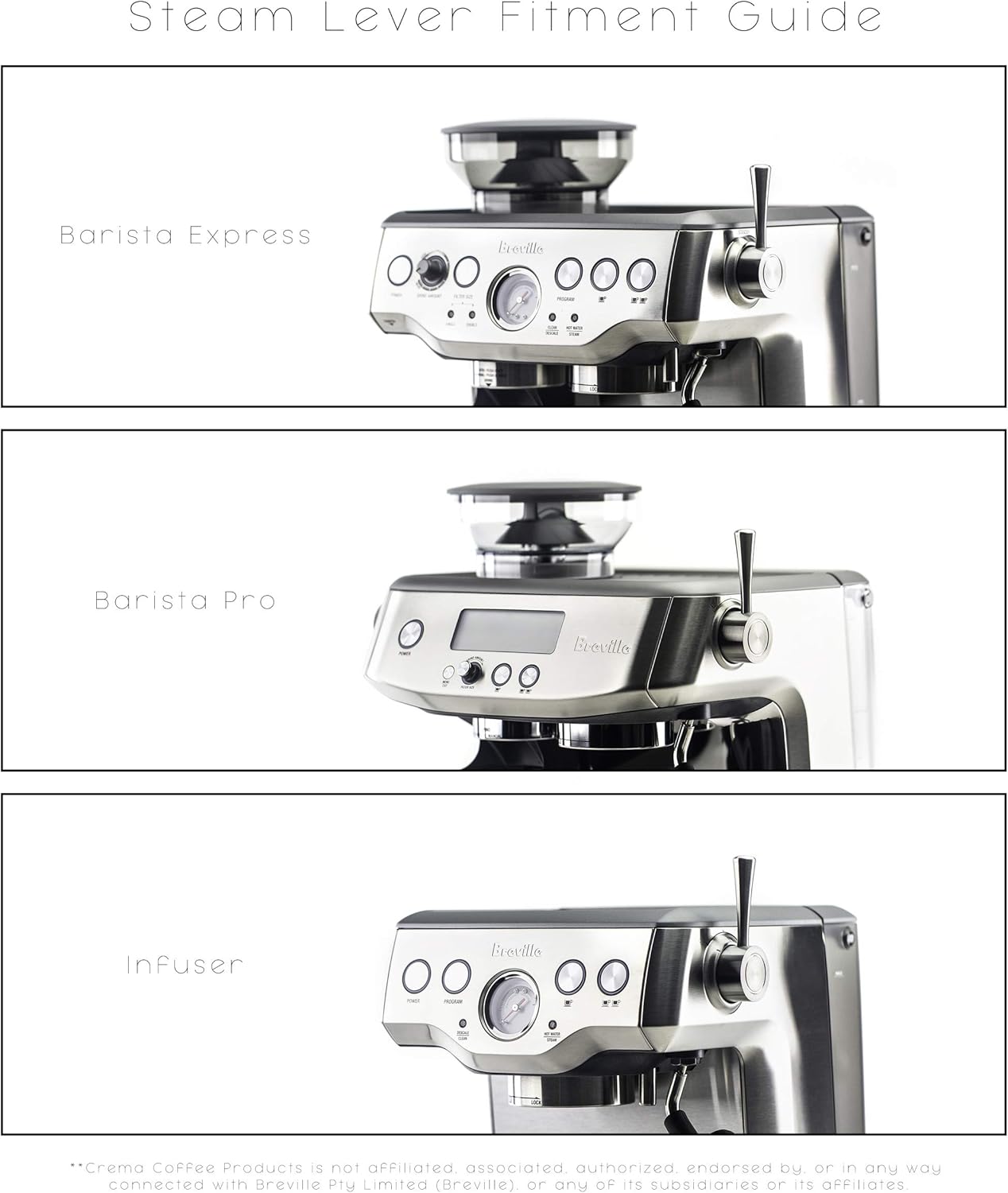 Crema Coffee Products Replacement Steam Lever for Breville Espresso Machines | Ergonomic Stainless Steel Design | Compatible with Barista Express, Infuser, Barista Pro | Easy Grip | Silver Finish