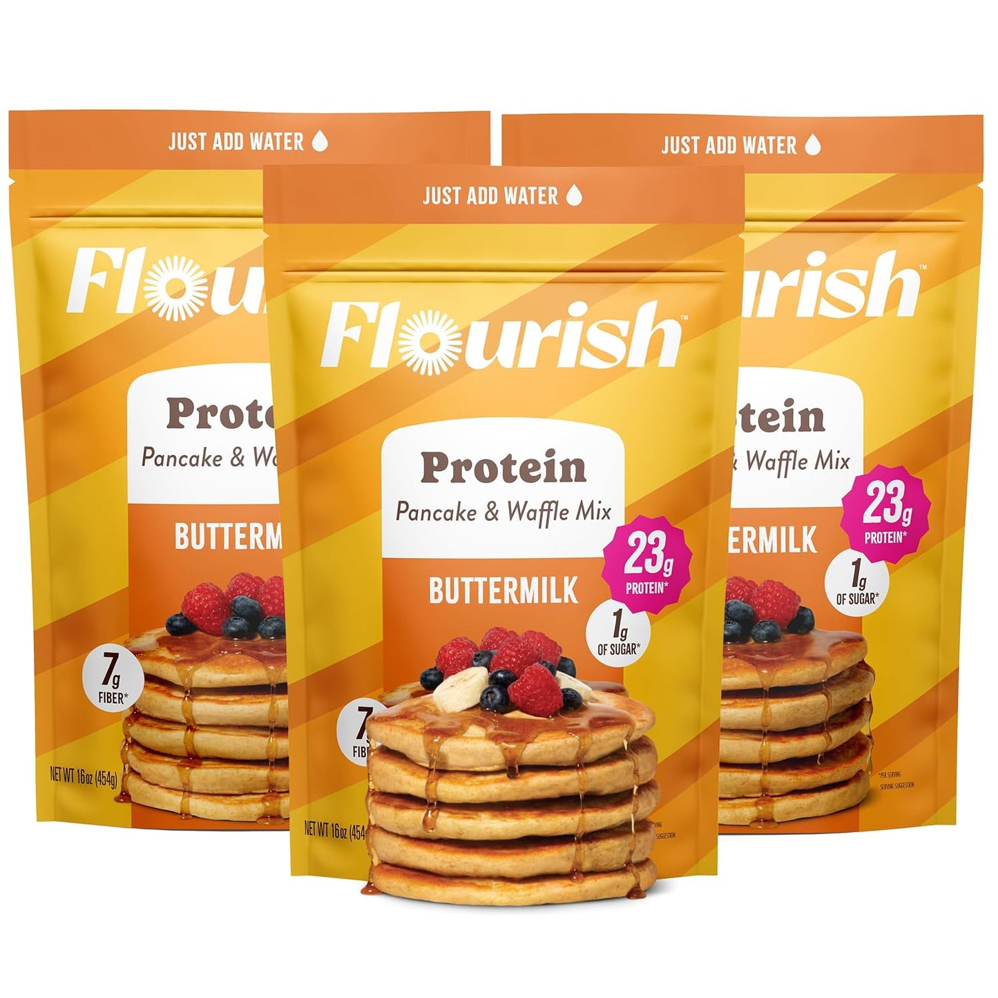 Flourish Protein Pancake & Waffle Mix, with Whey Protein & Flax Seed, No Added Sugar, High in Protein & Fiber - Just Add Water - Buttermilk Flavour, 430g (3 Pack) - Made in Canada