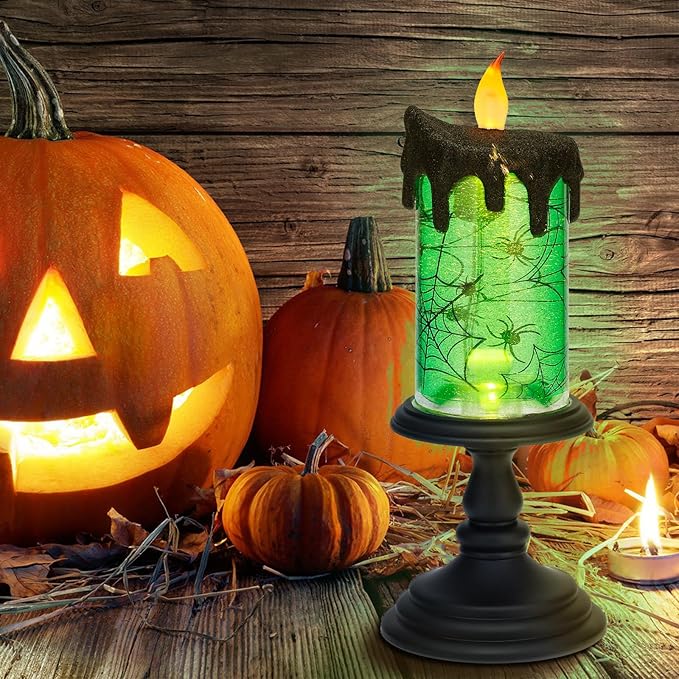 Halloween Snow Globe Candles Lighted Lamp, Lighted Flameless Candles with Water Glitter Swirls and Spooky Moving,Battery Operated