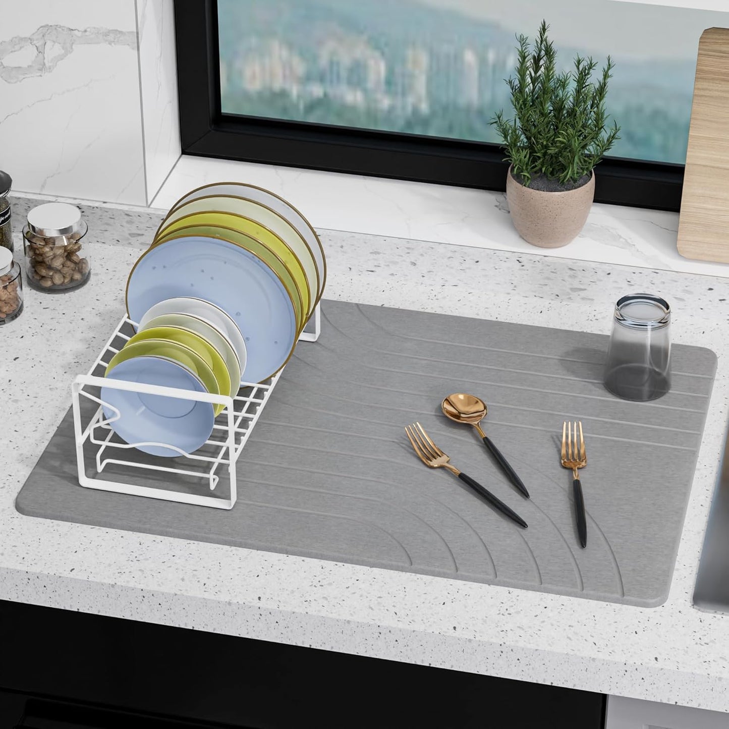 Large Stone Drying Mat for Kitchen Counter, 24" × 16" Diatomite Dish Drying Mat, Quick Dry Stone Mats, Ultra Absorbent Natural Diatomaceous Earth Mats for Dished, Bottles, Dark Grey