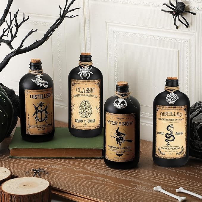 Uiifan 31 Pcs Halloween Potion Bottles Set Including Glass Apothecary Bottles with Cork Stickers and Pendants Halloween Decorations Indoor Party Supplies(Black,16 oz)