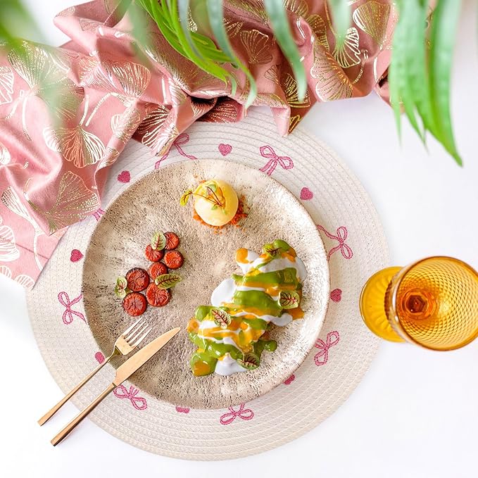 Whaline 4Pcs Round Placemats White Pink Bow Embroidered Place Mats Coquette Bowknot Heart Dinner Table Mats for Home Wedding Baby Shower Birthday Party Decor