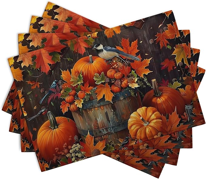 Pumpkin Maple Leaf Bird Fall Placemats Set of 4 Autumn Thanksgiving Seasonal Holiday Harvest Linen Table Mats Orange Brown Washable Place Mats for Party Kitchen Dining Outdoor Indoor Decor