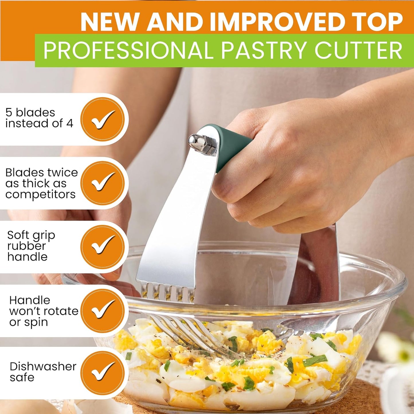 Spring Chef Large Dough Blender For Baking, Manual Dough Cutter Tool, Stainless Steel Puff Pastry Cutter Tool with Sharp Blades, Dishwasher Safe Pastry Blender for Easy Mixing - Pine Green