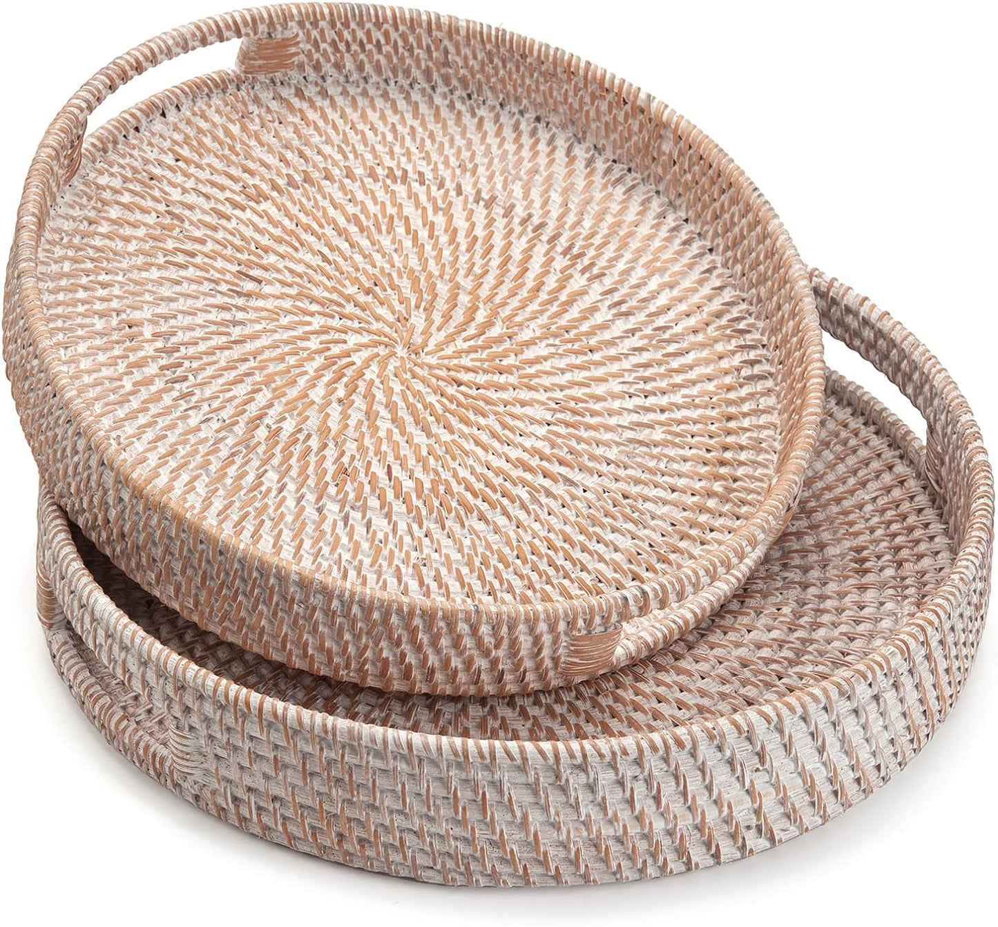 Round Rattan Serving Tray Decorative Woven Ottoman Trays with Handles for Coffee Table White (Small 11.8 inch x 2.4 inch)