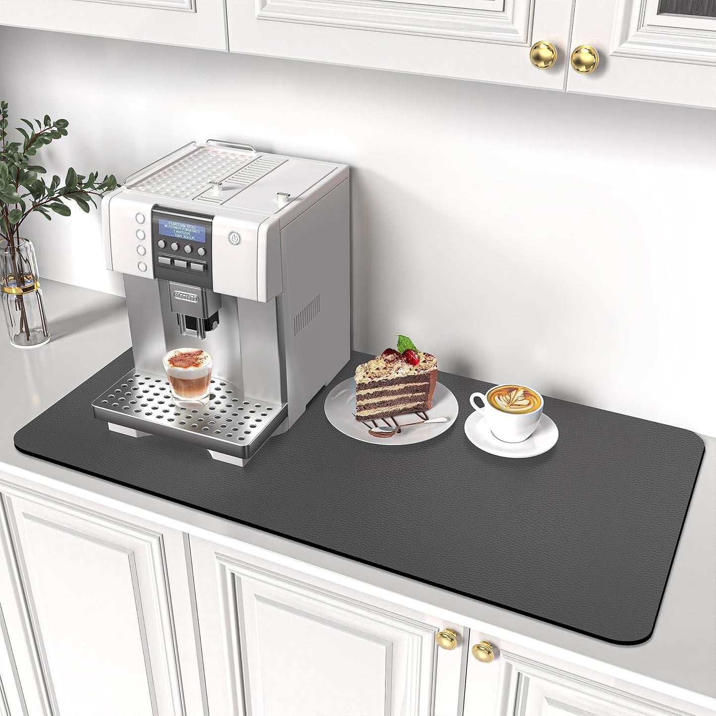 PoYang 31.5"x17" Coffee Mat X-Large, Coffee Bar Accessories for Countertop, Absorbent Dish Drying Mat, Anti-Slip and Hide Stain Pad for Espresso Machine, Espresso Maker and Kitchen Counter, Gray