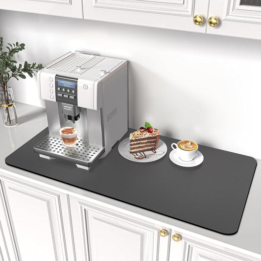 PoYang 31.5"x17" Coffee Mat X-Large, Coffee Bar Accessories for Countertop, Absorbent Dish Drying Mat, Anti-Slip and Hide Stain Pad for Espresso Machine, Espresso Maker and Kitchen Counter, Gray