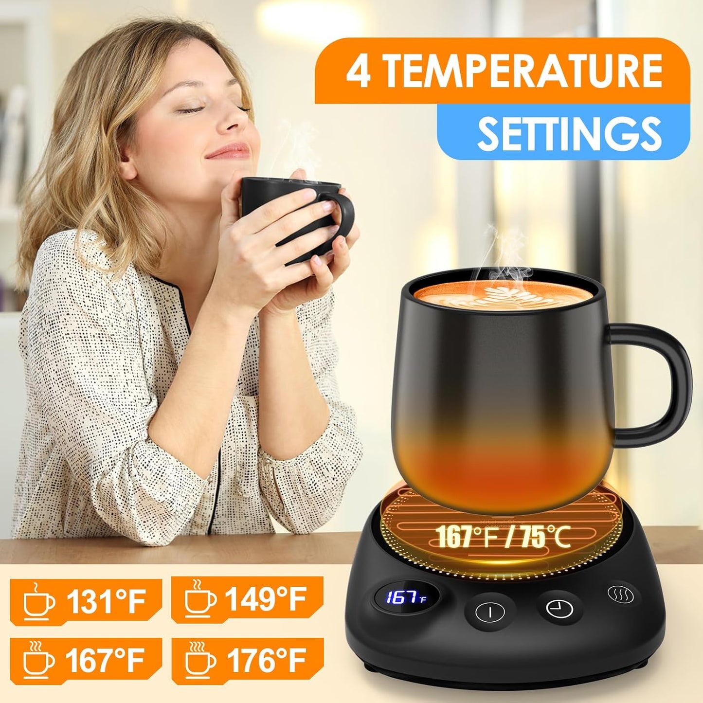 Coffee Mug Warmer - Fastest Heating & Highest Temperature, Coffee Cup Warmer for Desk Auto Shut Off, 4 Temp Settings & 1-12H Timer, Smart Electric Beverage Warmer for Coffee, Tea (Black)