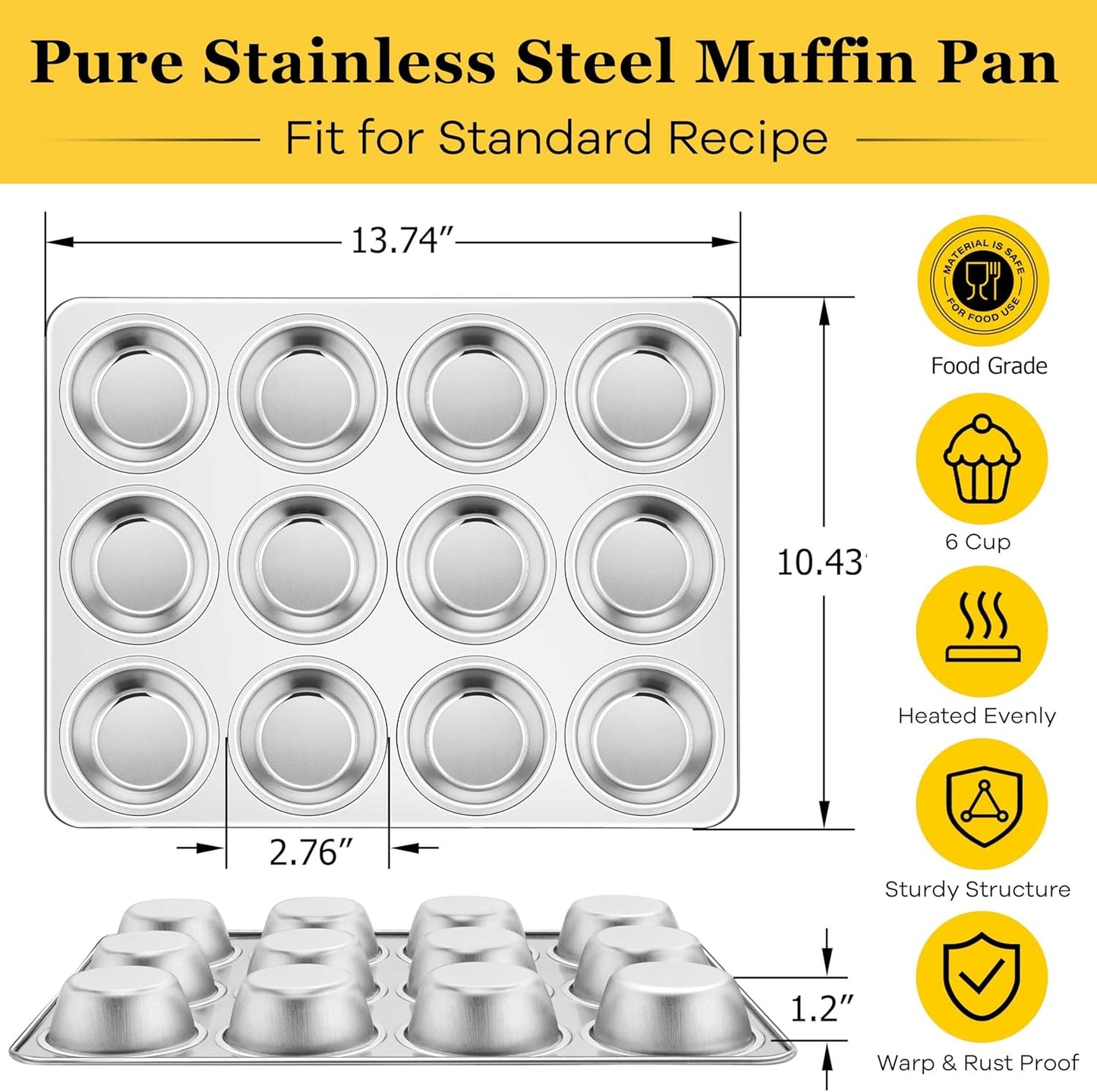 Homikit 3 Pack Muffin Pan, Stainless Steel Cupcake Tin with 12 Cups Regular Size, 13.8" x 10.4" Nonstick Metal Egg Bites Tray for Oven Baking, Non Toxic & Rust Free, Easy Release & Dishwasher Safe