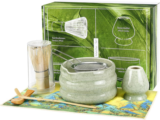 Matcha Whisk Set, 7 PCS Matcha Kit for Tea Ceremony, Matcha Whisk and Holder, Ceramic Matcha Bowl with Spout, Bamboo Scoop, Scoop Holder, Stainless Matcha Sifter and Tea Towel