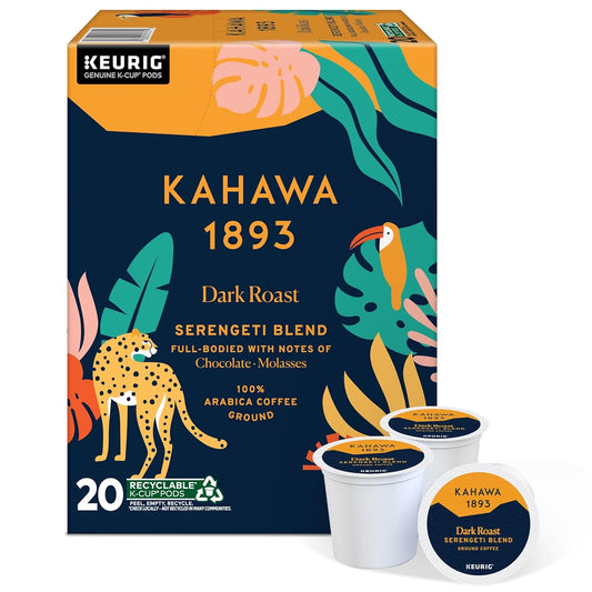 Kahawa 1893 Dark Roast Coffee K-Cup Pods Serengeti Blend (20 Count) - As Seen on Shark Tank, Low Acid, High Antioxidants, Naturally Sweet, Organically Grown, Ethically & Sustainably Sourced