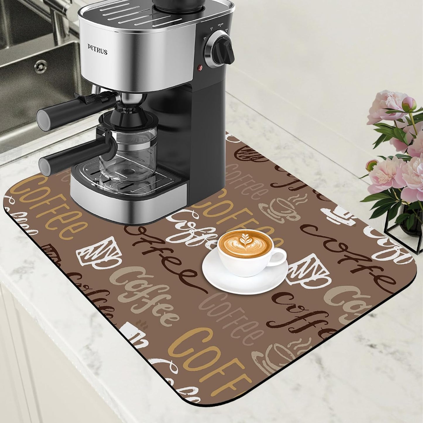 Doodle Coffee Dish Drying Mat Coffee Bar Mat for Countertop Absorbent Rubber Backed Hide Stain Dish Drainer Rack Pad Espresso Machine Cafe Table Dining Room Decoration 11.8 x 19.7 Inch