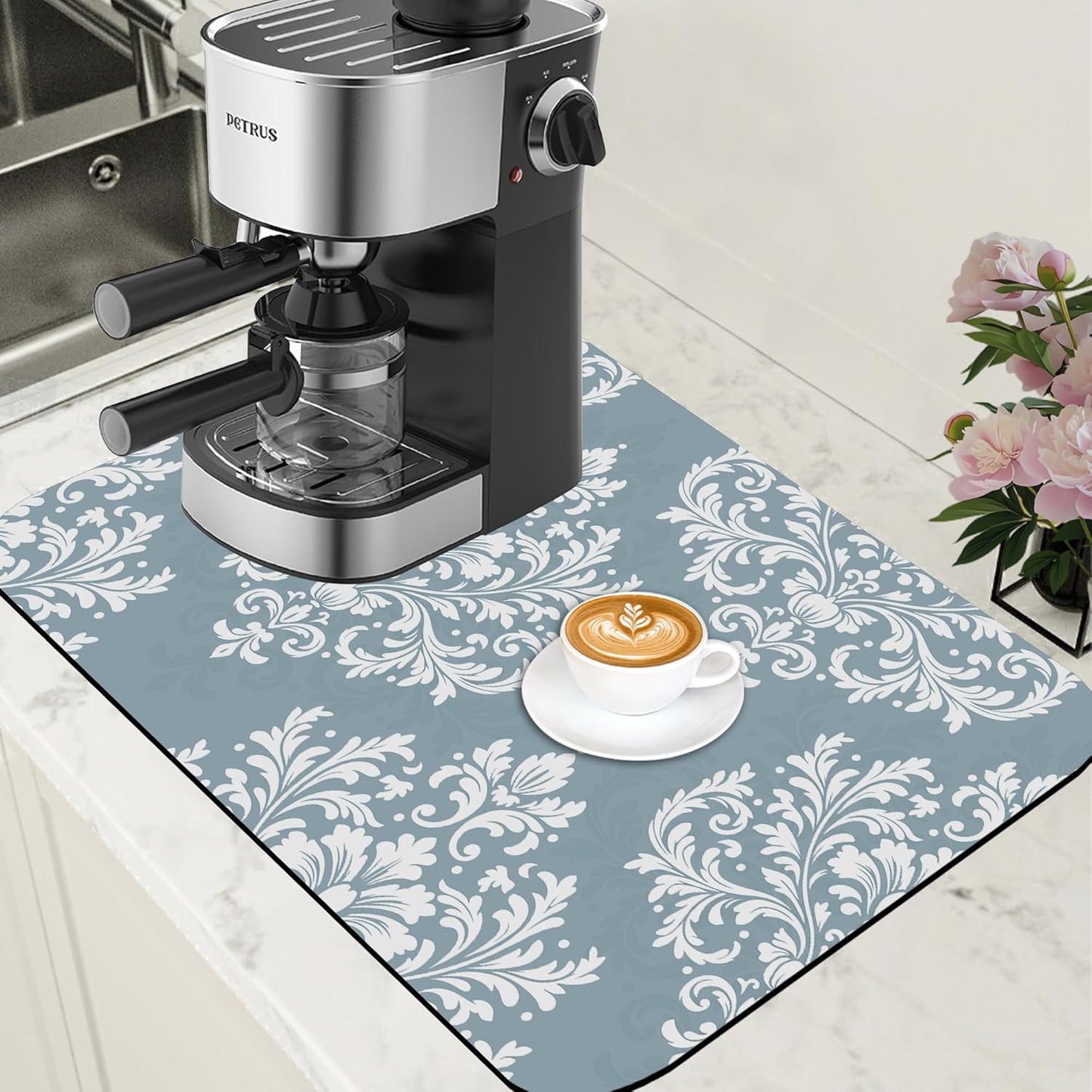 Dish Drying Mat Blue Damask Floral Coffee Bar Mat for Countertop - Absorbent, Rubber Backed, Hide Stain Dish Drainer Rack - Coffee Maker Pot Dining Room Decoration 15.7 x 23.6 Inch