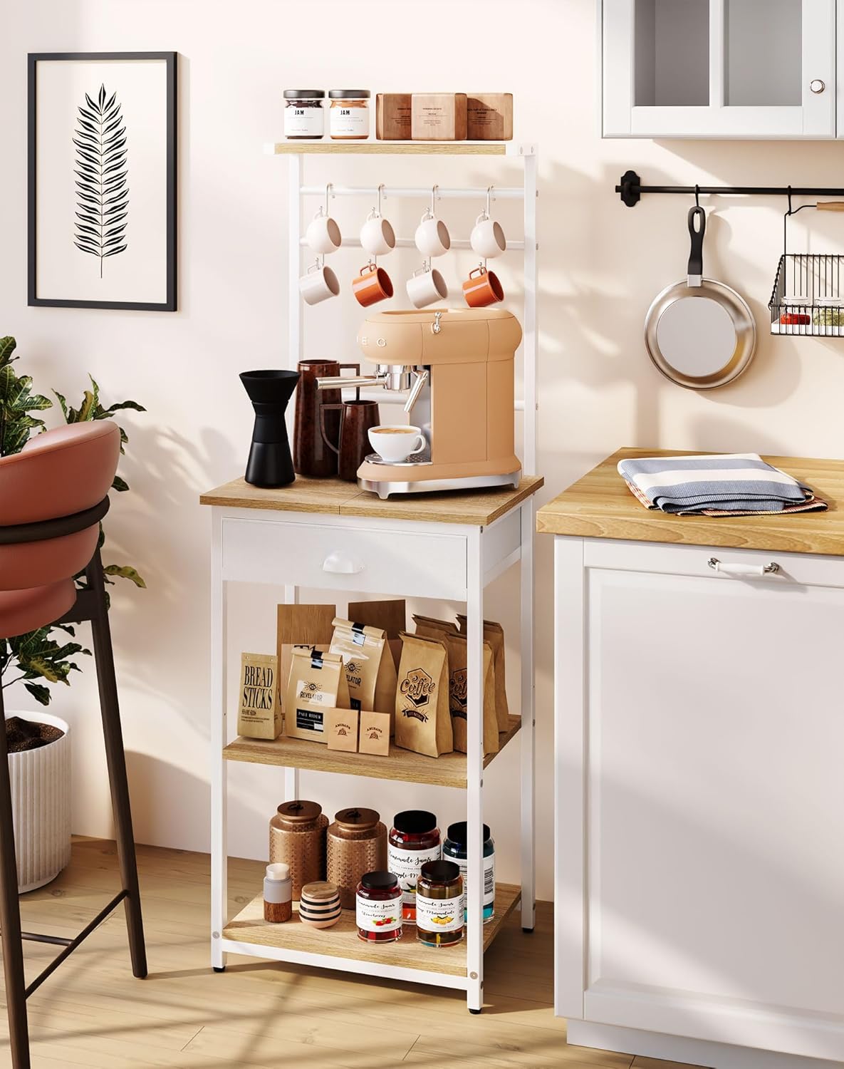 YMYNY 5 Tier Coffee Bar Station, Coffee Stand with Fabric Drawers, 8 S-Shaped Hooks, Corner Bar Cabinet, Height Adjustable, Bakers Rack for Kitchen, Living Room, Natural HBR009R