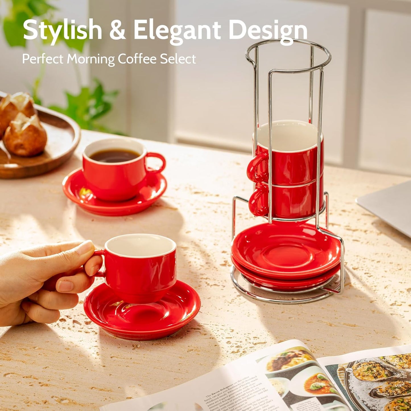 Sweese 2.5 Ounce Porcelain Stackable Espresso Cups with Saucers and Metal Stand Set of 4, Red