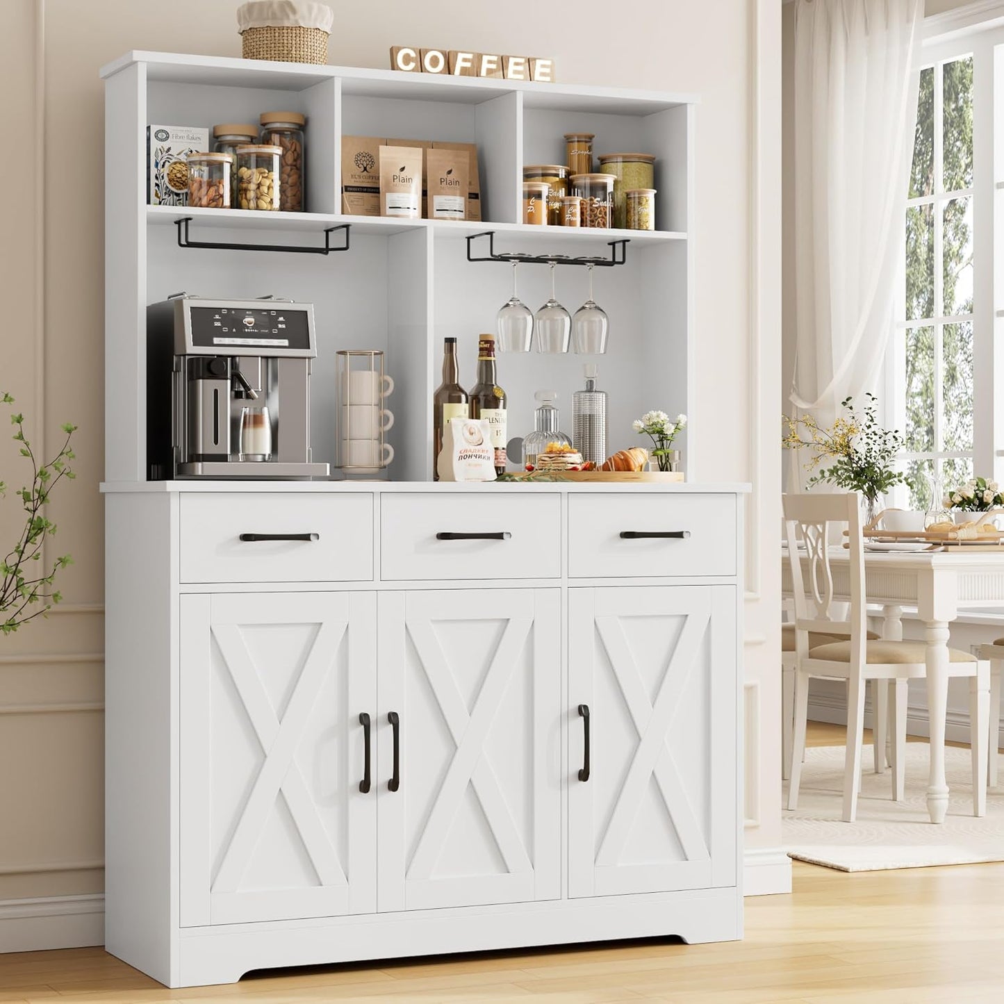 HOSTACK Buffet Cabinet with Hutch, Modern Farmhouse Kitchen Buffet Sideboard Storage with 3 Drawers, Barn Door Coffee Bar Station, Liquor Cabinet for Dining Room, Living Room, White