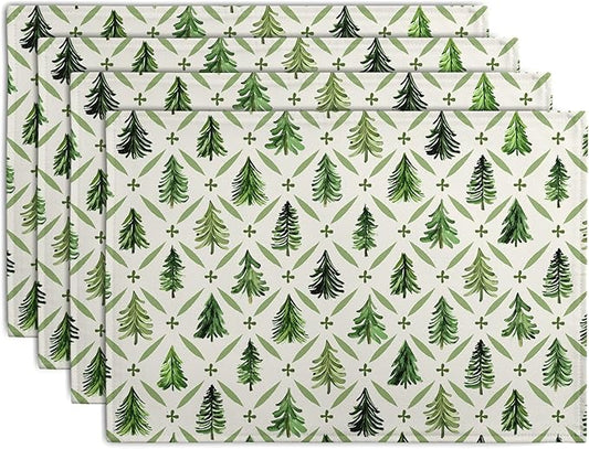 Sage Green Pine Tree Christmas Placemats Set of 4 Xmas Farmhouse Rustic Style Print Place Mat Seasonal Winter Holiday Linen Table Mats for Indoor Outdoor Kitchen Dining Party Decor