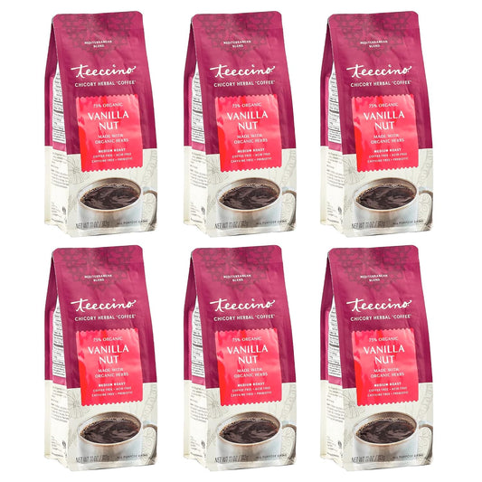 Teeccino Vanilla Nut Chicory Coffee Alternative - Ground Herbal Coffee That’s Prebiotic, Caffeine Free & Acid Free, Medium Roast, 11 Ounce (Pack of 6)