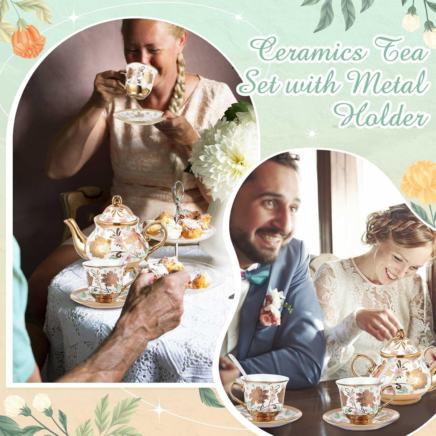 Zhehao 20 Pcs Porcelain Tea Set with Metal Holder and Spoon Adult Ceramic Tea Party Set European Flower Painting Teapot Cup Saucer Spoon Set for Women, Large Version(Elegant Style)