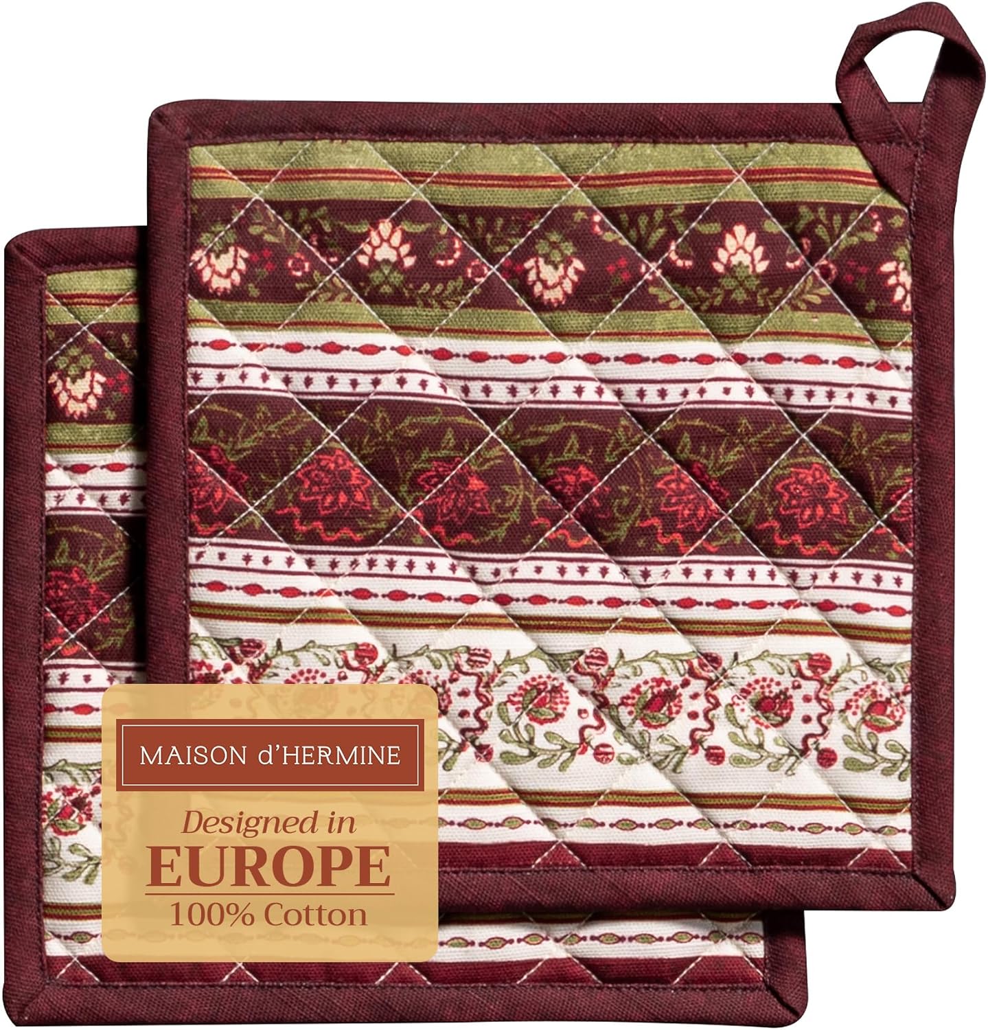 Maison d' Hermine Pot Holders Set 100% Cotton Heat Resistant Potholders 8" x 8" Hot Pads with Loop BBQ, Cooking, Baking, Grilling, Kitchen, Handling Hot Pans (Pack of 2, Reveillon Au Jardin)