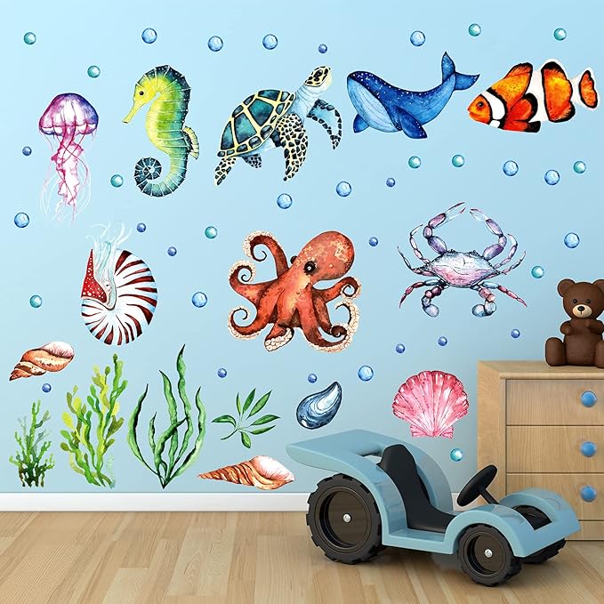 52 Pcs Ocean Fish Wall Decals Glow in The Dark Under The Sea Wall Decals Sea Animals Stickers Removable Waterproof Peel and Stick for Kids Bathroom Watercolor Ocean Decor(Funny Style)