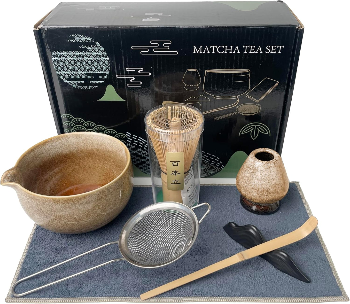 Matcha Tea Set (7pcs) - Matcha Whisk Set with Bowl, Whisk Holder, and Pouring Spout Bowl, Perfect Matcha Starter Kit for Tea Ceremony (Amber Sand)
