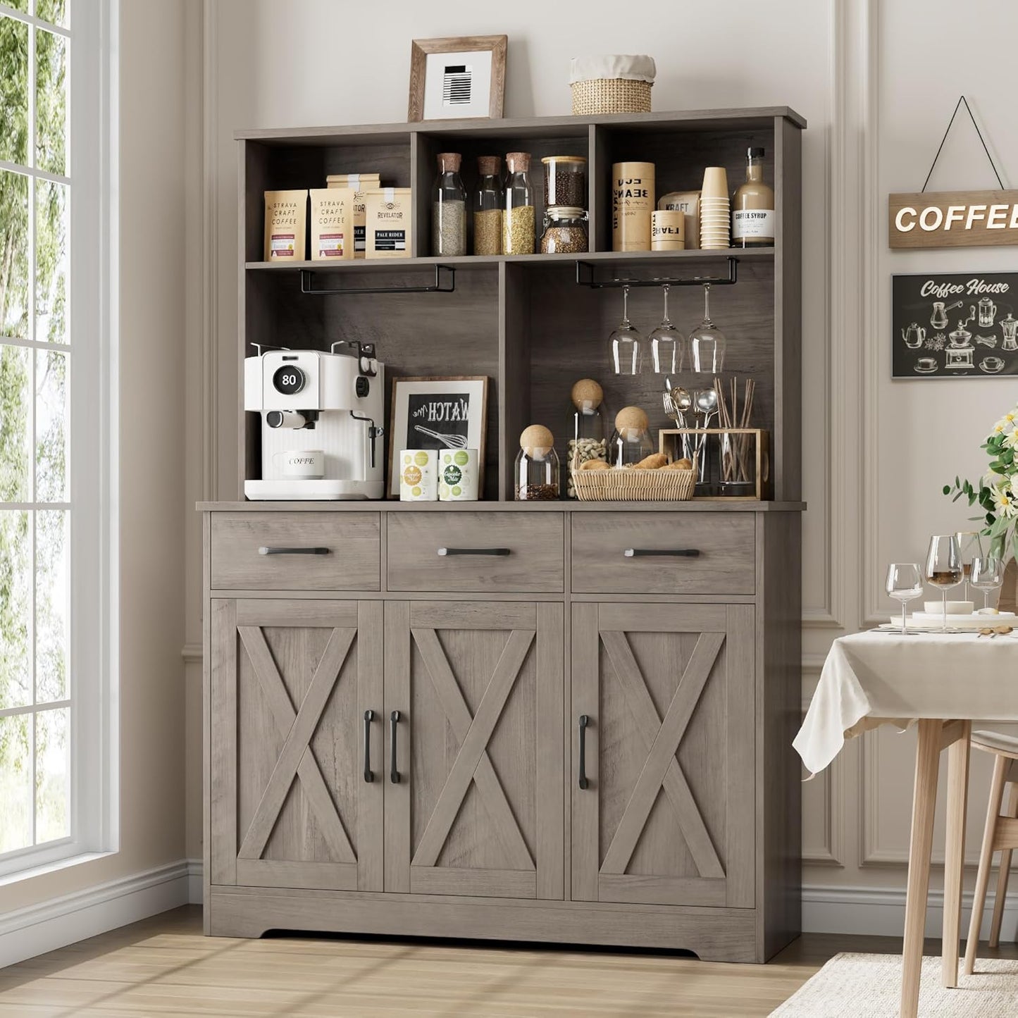 HOSTACK Buffet Cabinet with Hutch, Modern Farmhouse Kitchen Buffet Sideboard Storage with 3 Drawers, Barn Door Coffee Bar Station, Liquor Cabinet for Dining Room, Living Room, Ash Grey