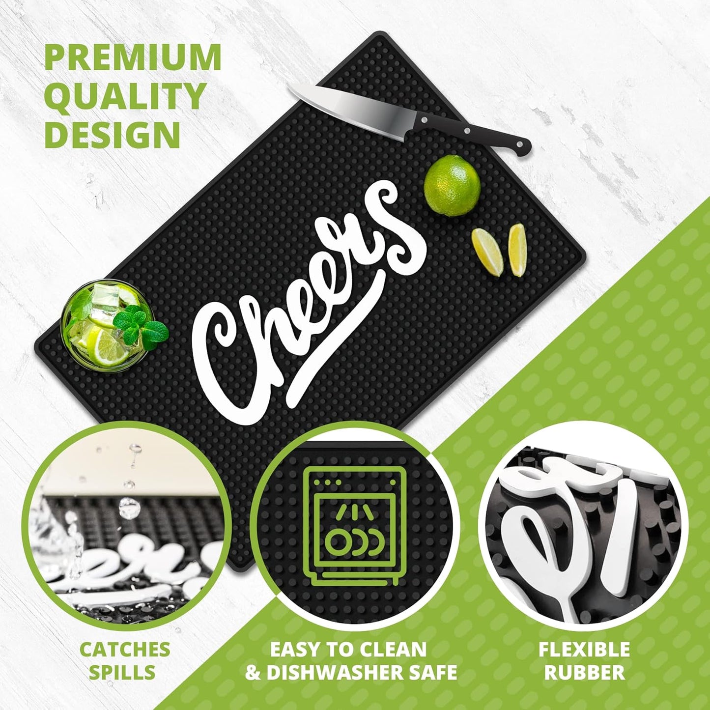 Premium Cheers Bar Mat for Home Bar - Large 18"x12" Rubber Bar Mats for Countertop - Non-Slip Bartender Mat - Drink Spill Mat for Bar Cart - Black Barmat for Cocktail Service