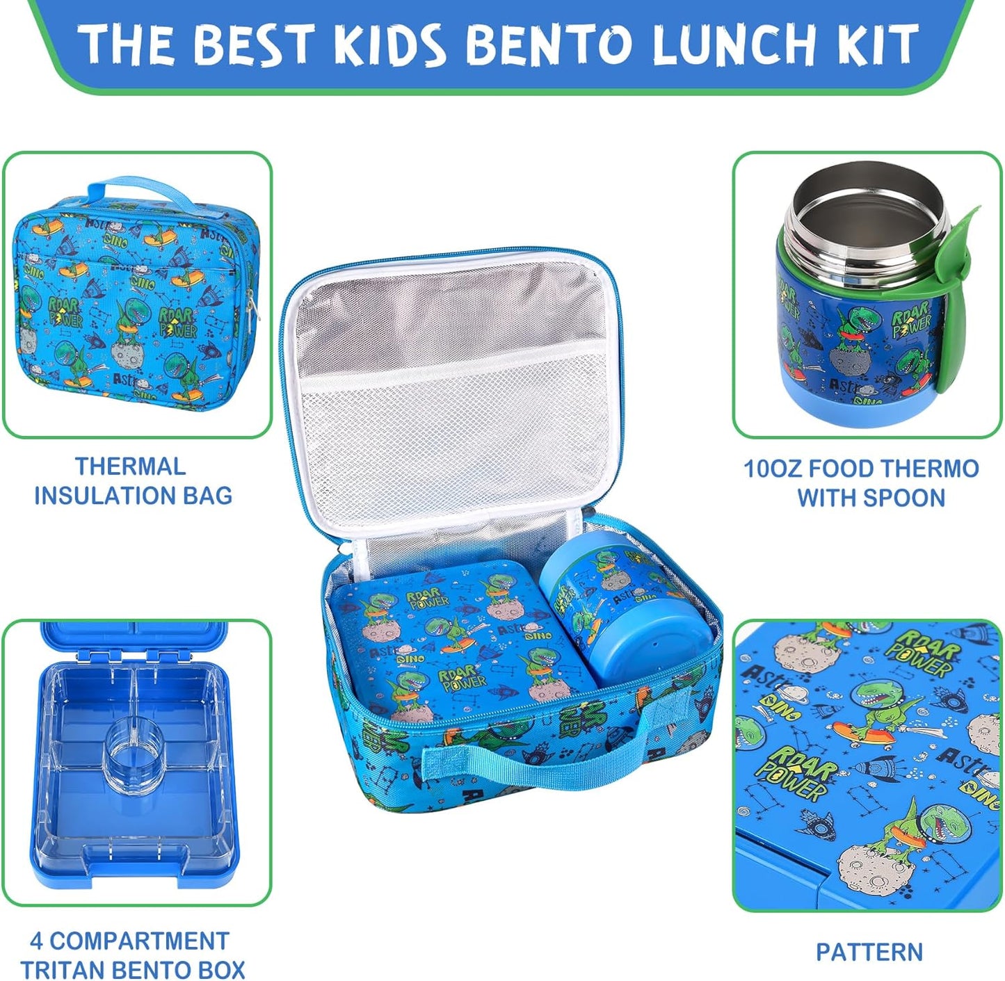Bento Lunch Box Set With 10oz Soup Thermo, Leak-proof Lunch Containers with 4 Compartment, Kids Hot Thermo Food Jar/Insulation Lunch Bag, Food Containers for School（Dinosaur）