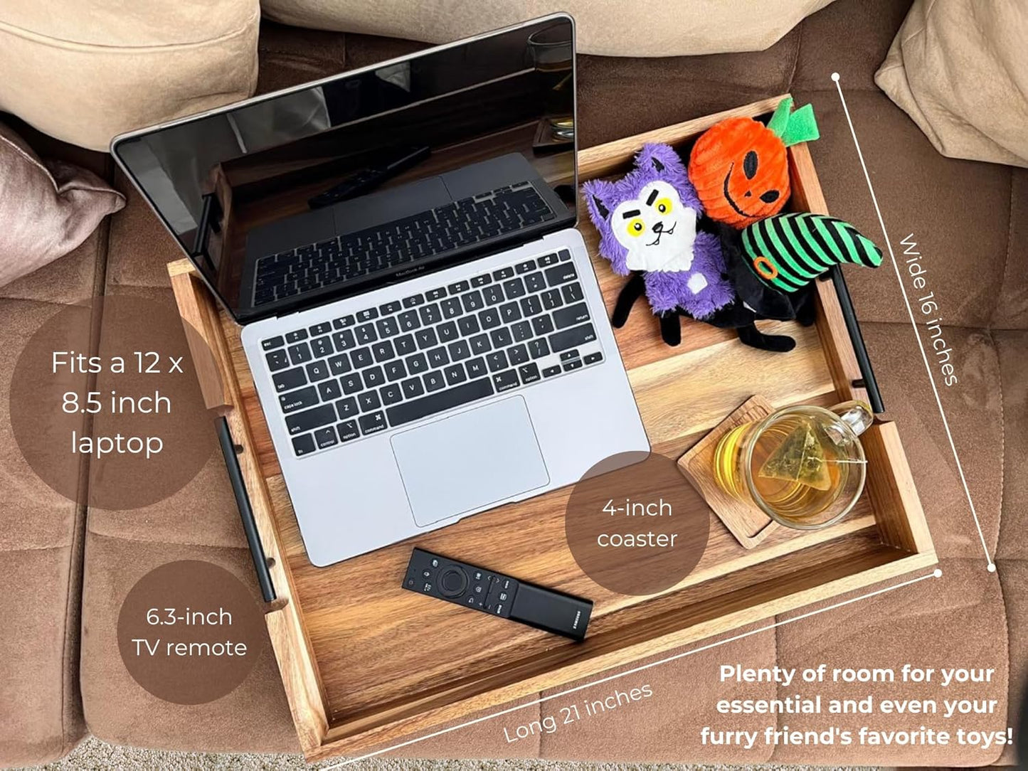 Acacia Wooden Ottoman Tray for Living Room & 6 Coasters Set – 21" Large Coffee Table Serving Tray with Handles, Perfect for Food, Drinks, Kitchen, and Home Decor