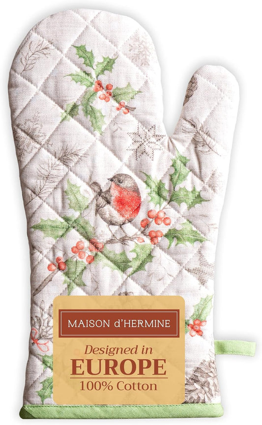 Maison d' Hermine Oven Gloves 100% Cotton Oven Mitt 7" x 13" with Loop Heat Resistant, BBQ, Cooking Gloves, Baking, Grilling, Kitchen, Handling Hot Pans (Pack of 1, Christmas Dew)