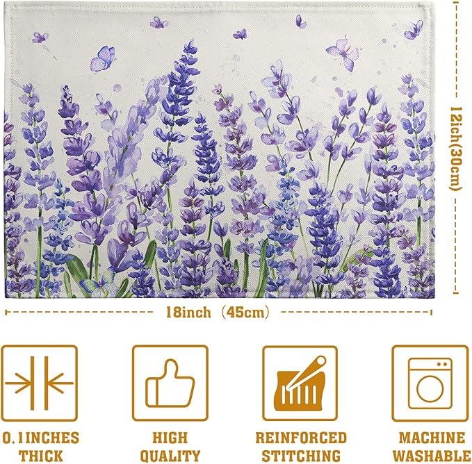 Lavender Placemats Set of 4 Purple Flower Butterfly Linen Fabric Table Mats Seasonal Spring Summer Rustic Floral Placemat Farmhouse Decorative Washable Place Mats for Home Kitchen Dining Table