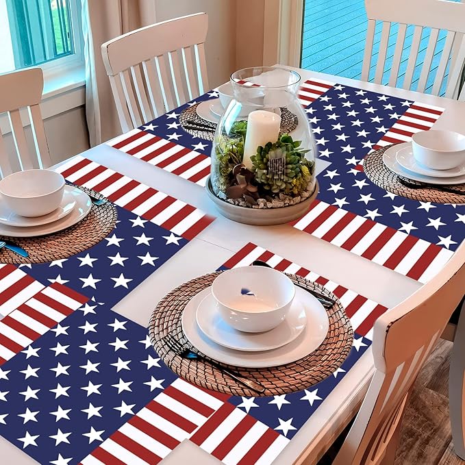 Memorial Day Placemats Set of 6 Patriotic Freedom Stars Place mats Veterans Day 4th of July Plastic Table Mats American Flag Holiday Washable Table Placemats for Party Dining
