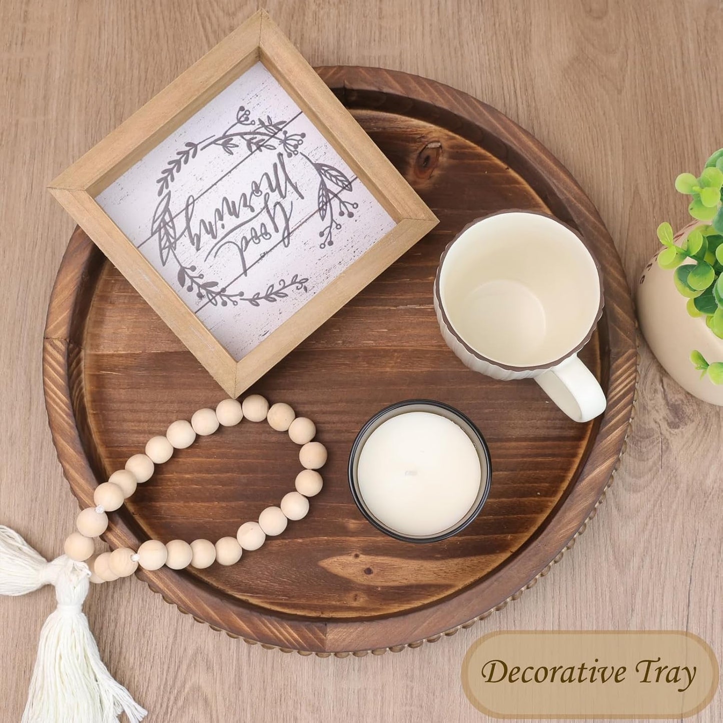 Round Burnt Wood Serving Tray with Beads, Wooden Decorative Tray for Entertaining, Decoration, and Gifting,