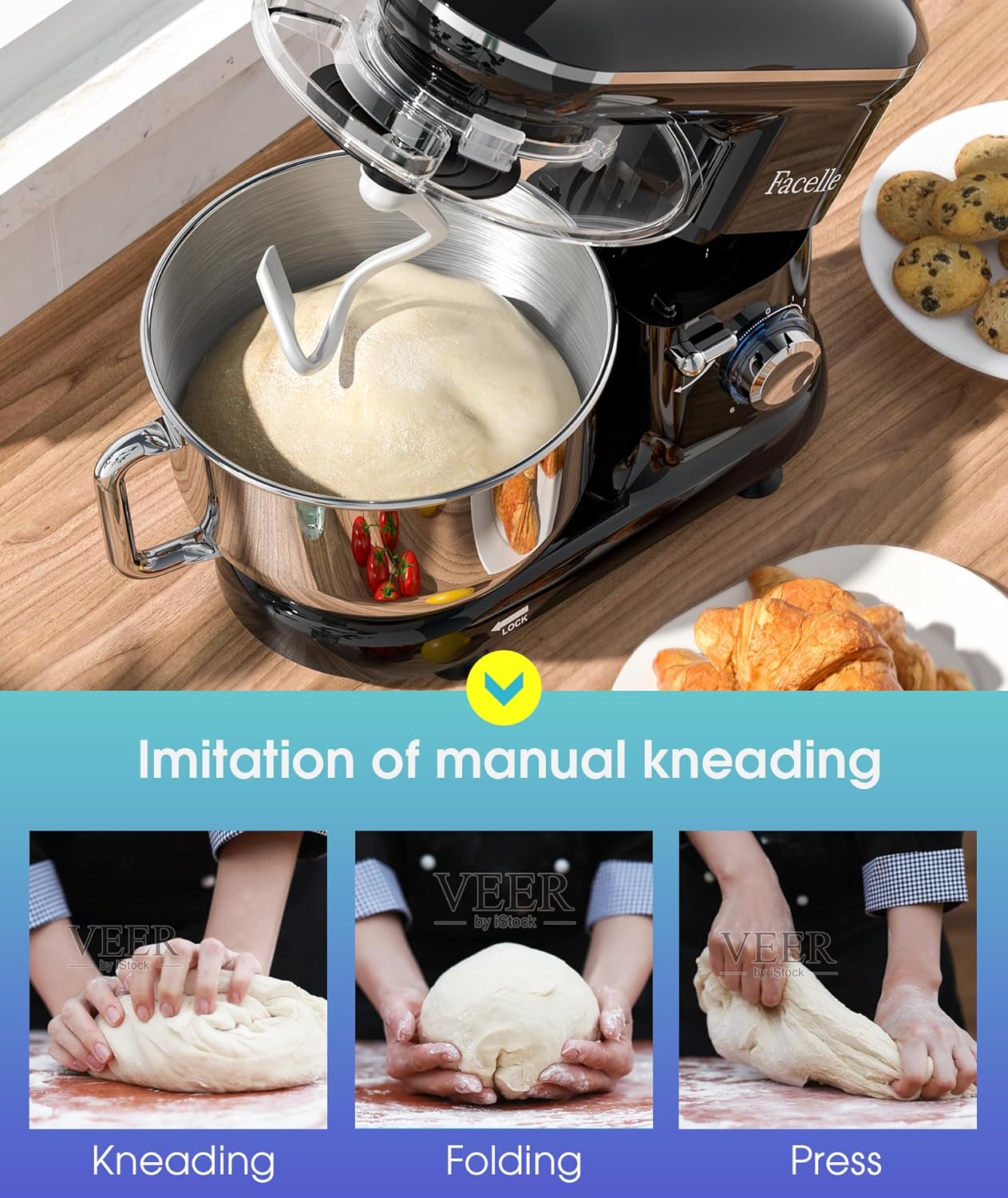 Facelle Stand Mixer, 660W 6 Speed Electric Kitchen Mixer with Pulse Button, Attachments include 6.5QT Bowl, Dishwasher Safe Beater,Dough Hook,Whisk & Splash Guard for Dough,Baking,Cakes,Cookie(Black)